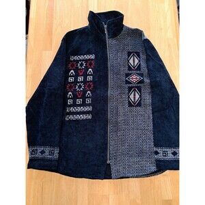 Chico's Design Aztec Native Print Jacket Black Red White Zip Front Soft Size 2 L